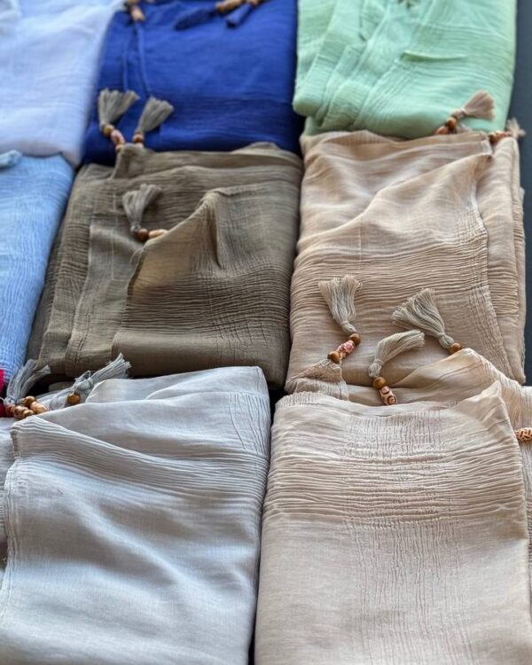 شال برشکا پلیسه نخی منگوله چوبی (جین 12 تایی کد 703)